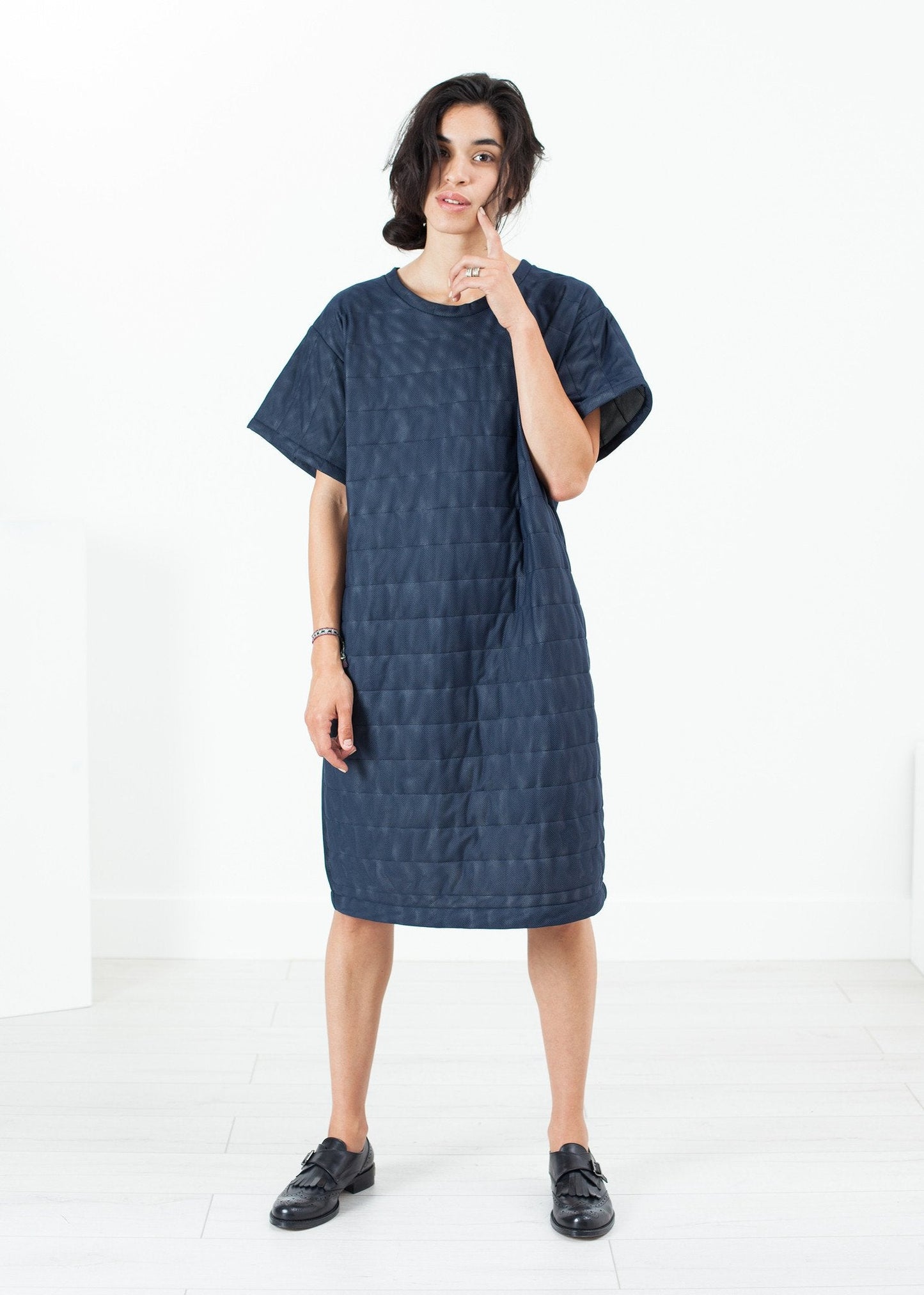 Quilted Mesh T-Shirt Dress in Navy (6707100450910)