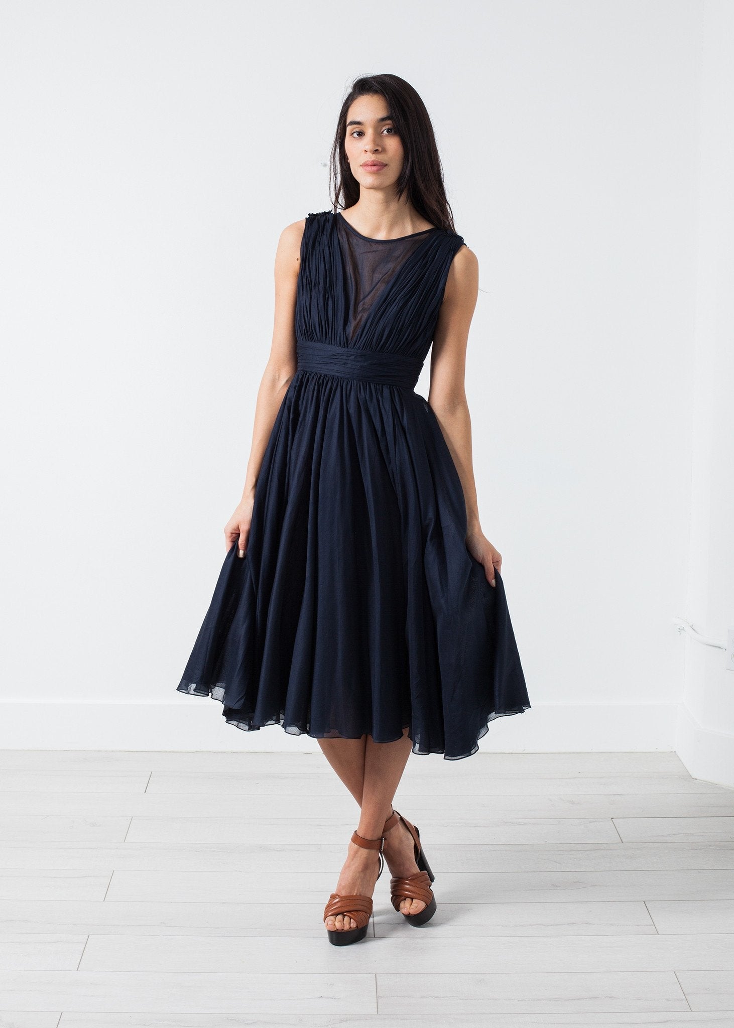 Voile V-Neck Dress in Navy (6707089375326)