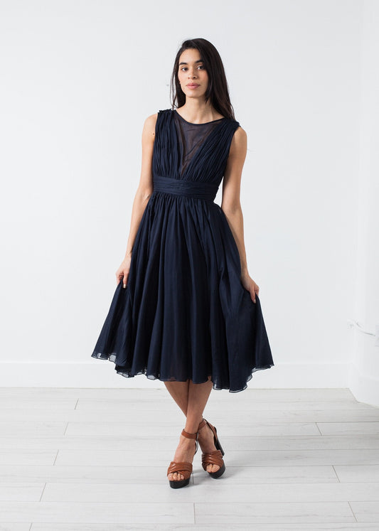 Voile V-Neck Dress in Navy (6707089375326)