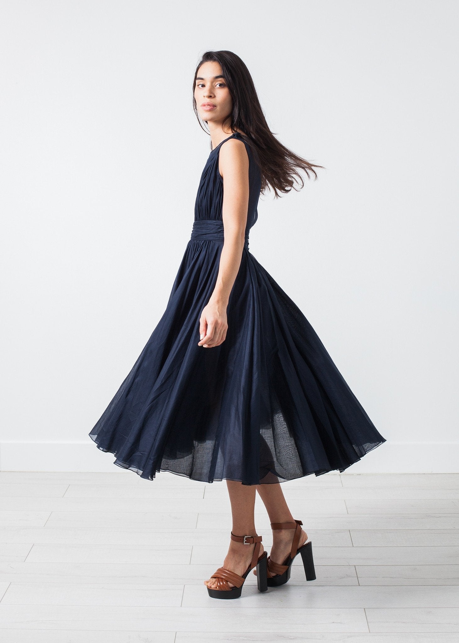 Voile V-Neck Dress in Navy (6707089375326)