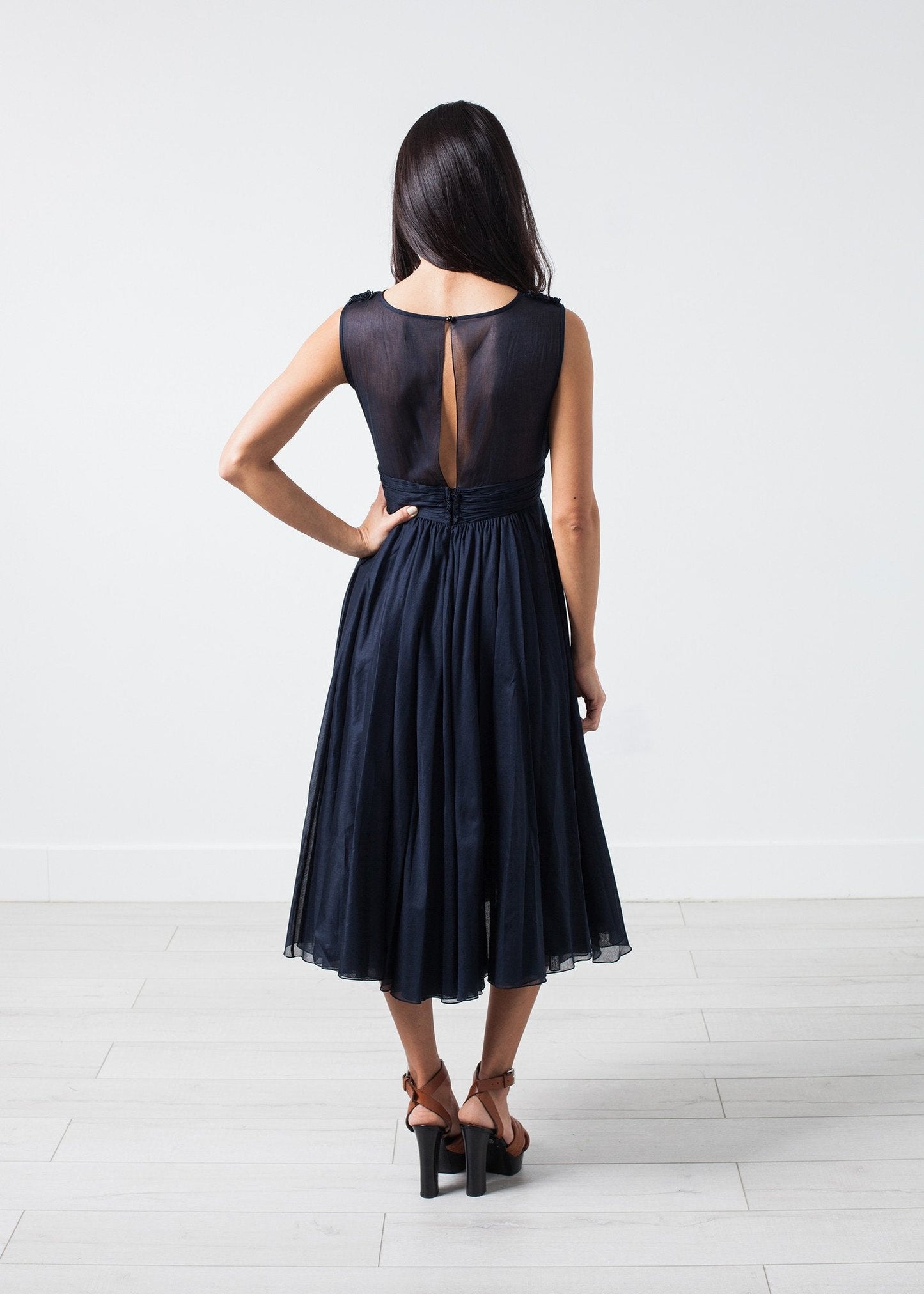 Voile V-Neck Dress in Navy (6707089375326)
