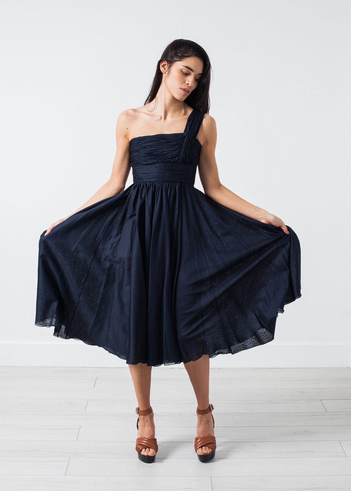 One Shoulder Dress in Navy (6707089309790)