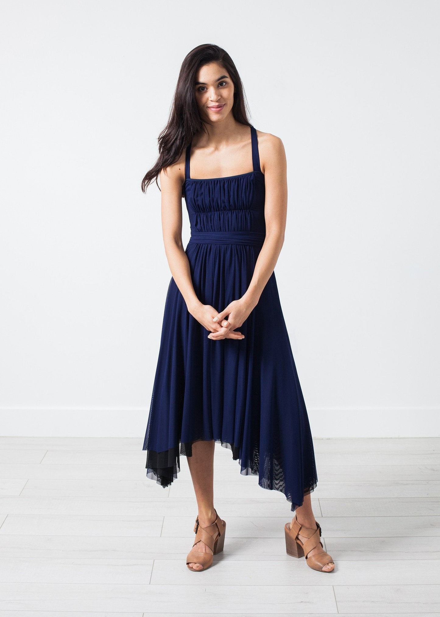 Ruched Party Dress in Navy (6707089408094)