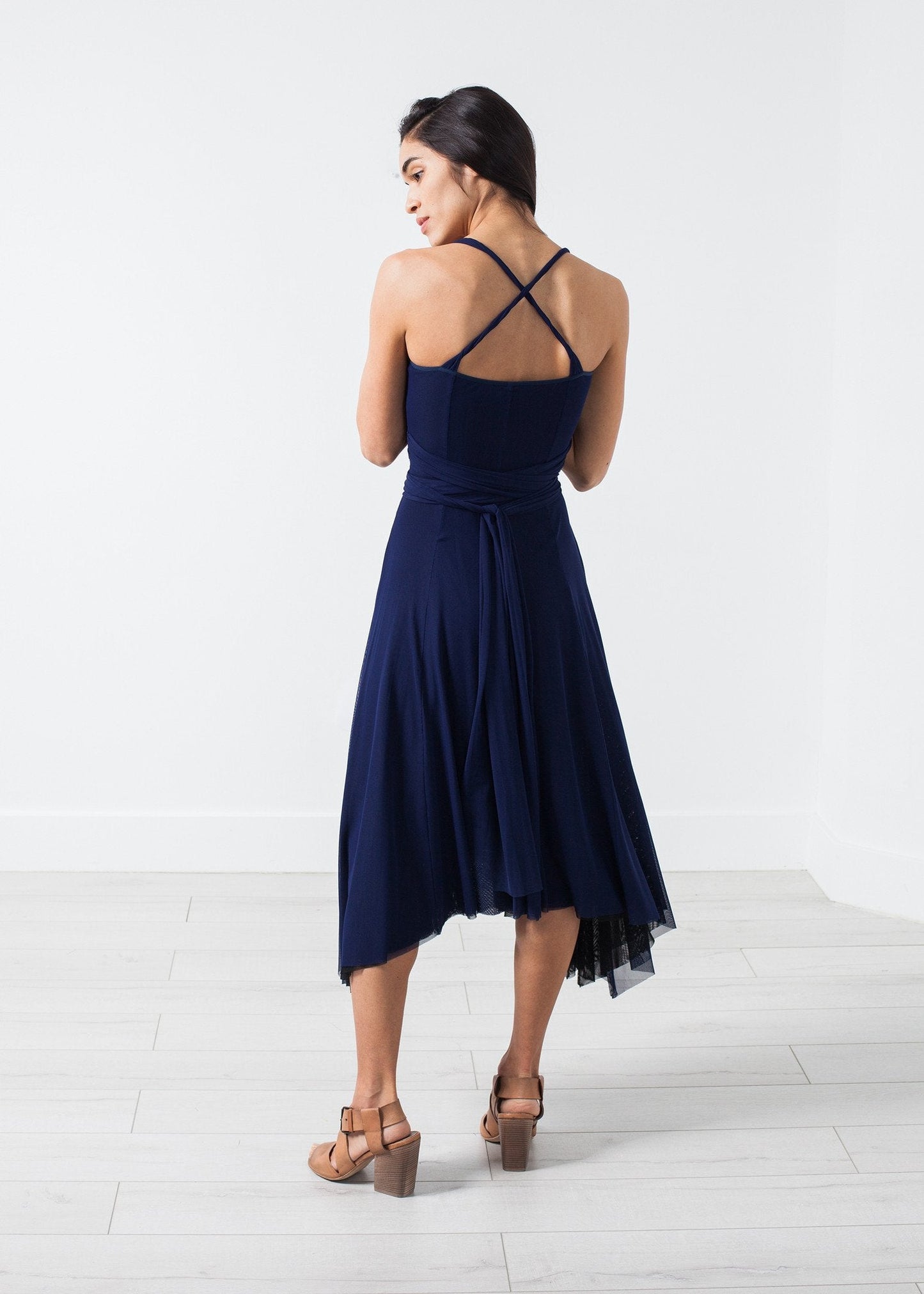 Ruched Party Dress in Navy (6707089408094)