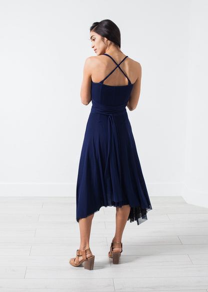 Ruched Party Dress in Navy (6707089408094)
