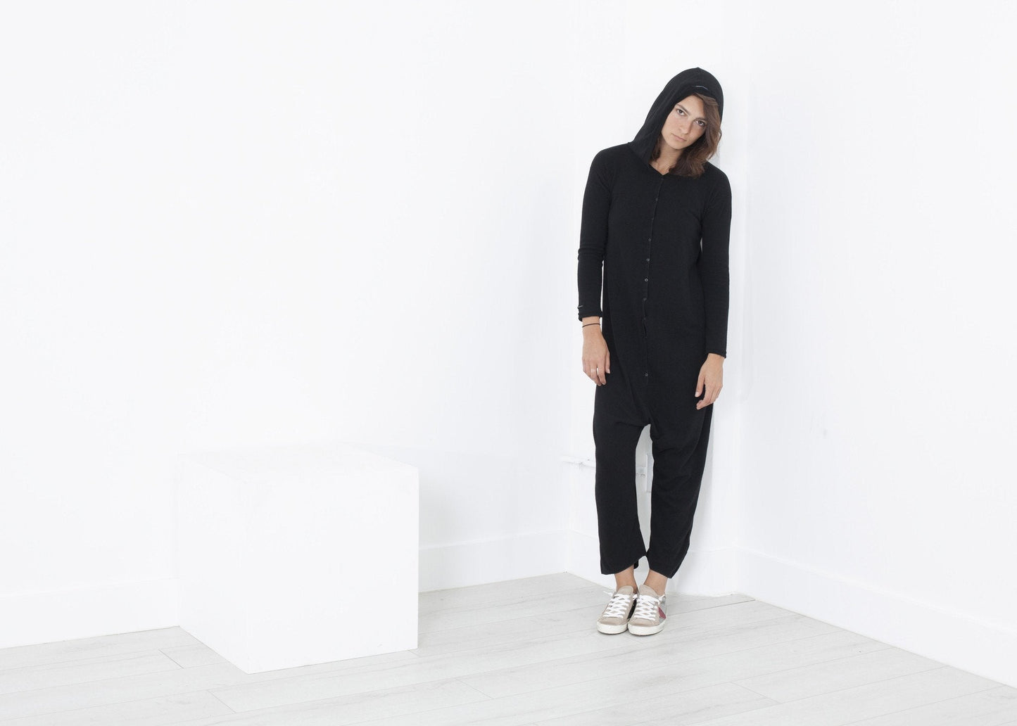Knit Hooded Jumpsuit in Black (6707104415838)