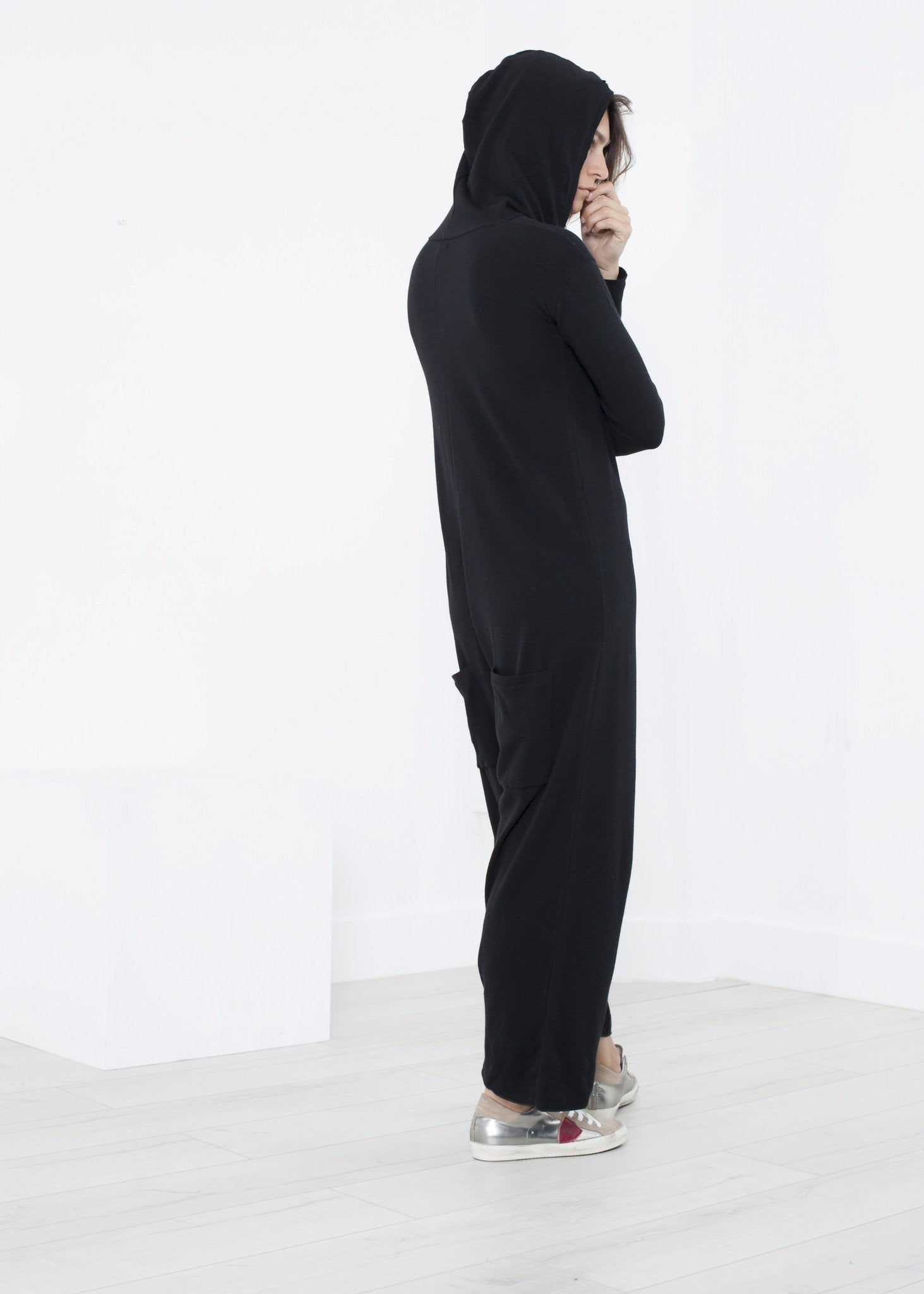 Knit Hooded Jumpsuit in Black (6707104415838)