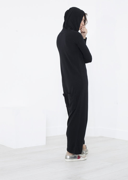 Knit Hooded Jumpsuit in Black (6707104415838)