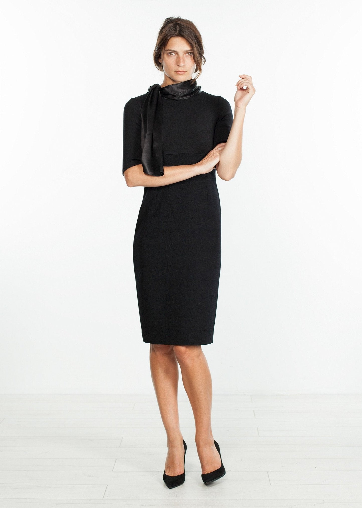 Tie Neck Wool Dress in Black (6707104055390)