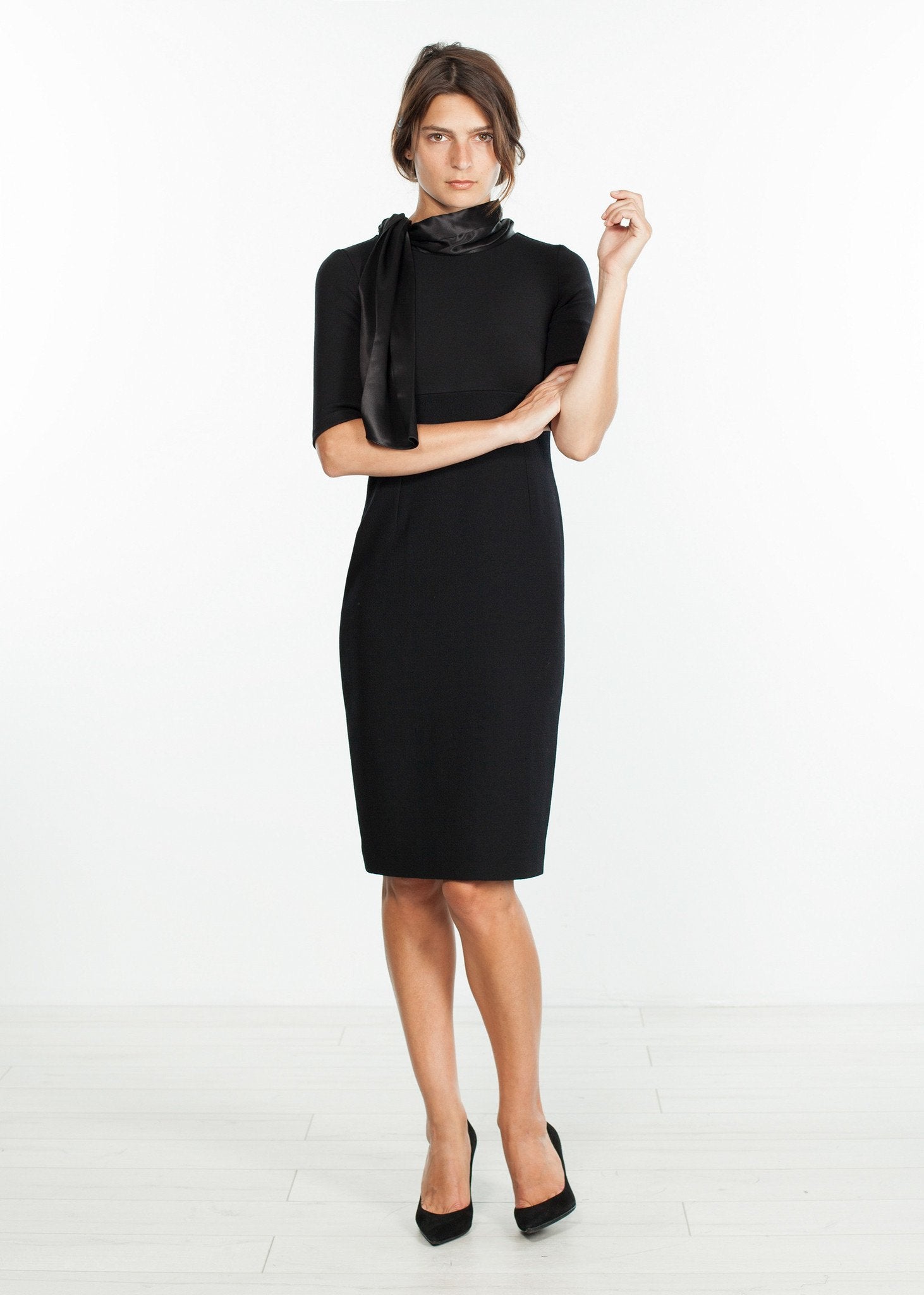 Tie Neck Wool Dress in Black (6707104055390)
