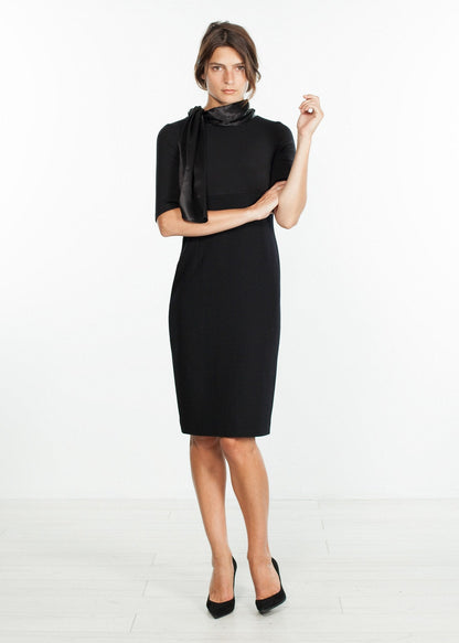 Tie Neck Wool Dress in Black (6707104055390)