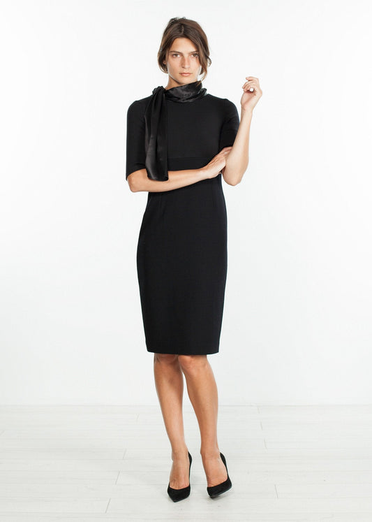 Tie Neck Wool Dress in Black (6707104055390)