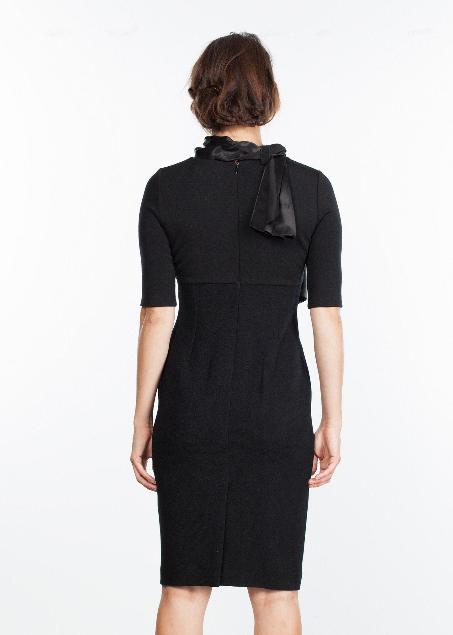 Tie Neck Wool Dress in Black (6707104055390)