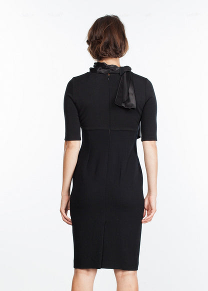 Tie Neck Wool Dress in Black (6707104055390)