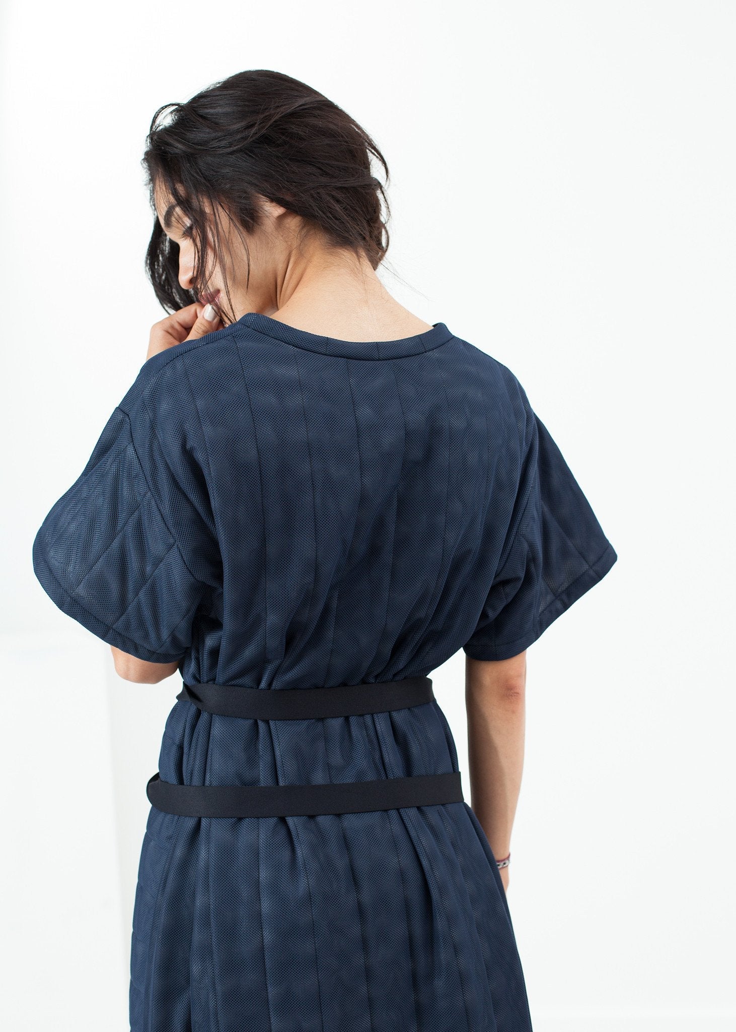 Quilted Mesh T-Shirt Dress in Navy (6707100450910)