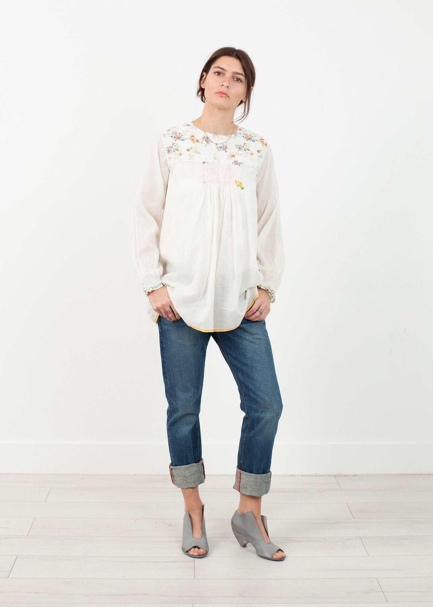 Floral Front Peasant Blouse in White (6707094716510)