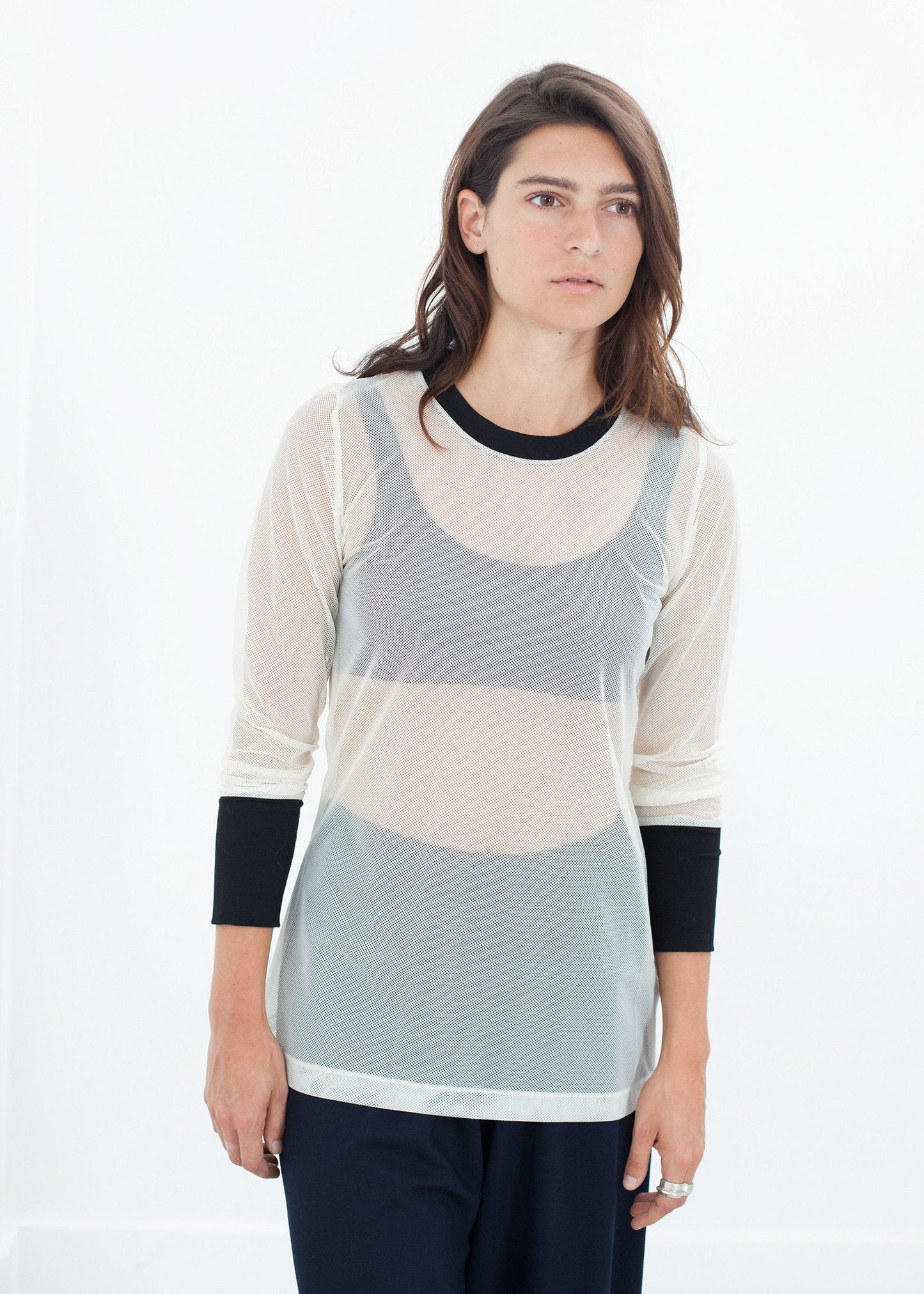 Cuffed Mesh Tee in Cream/Black (6707100581982)