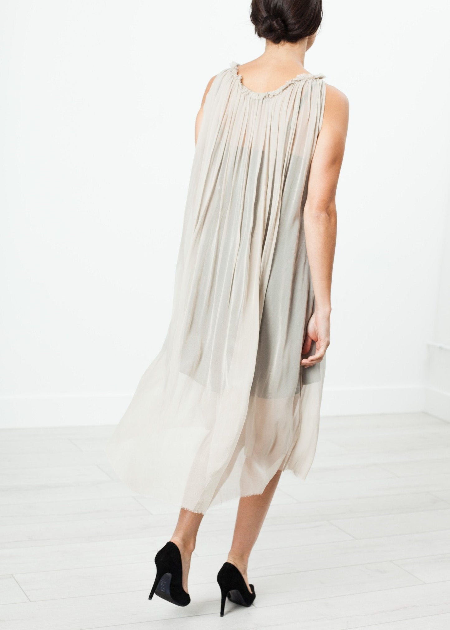 Chiffon Cape Back Dress in Sand (6707097370718)