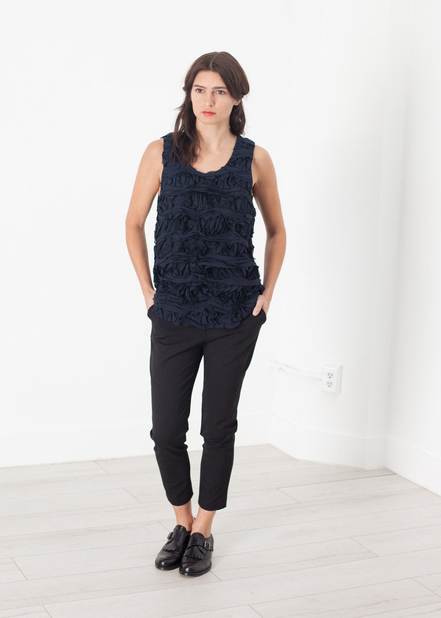Ruffled Tank Top in Navy (6707095666782)