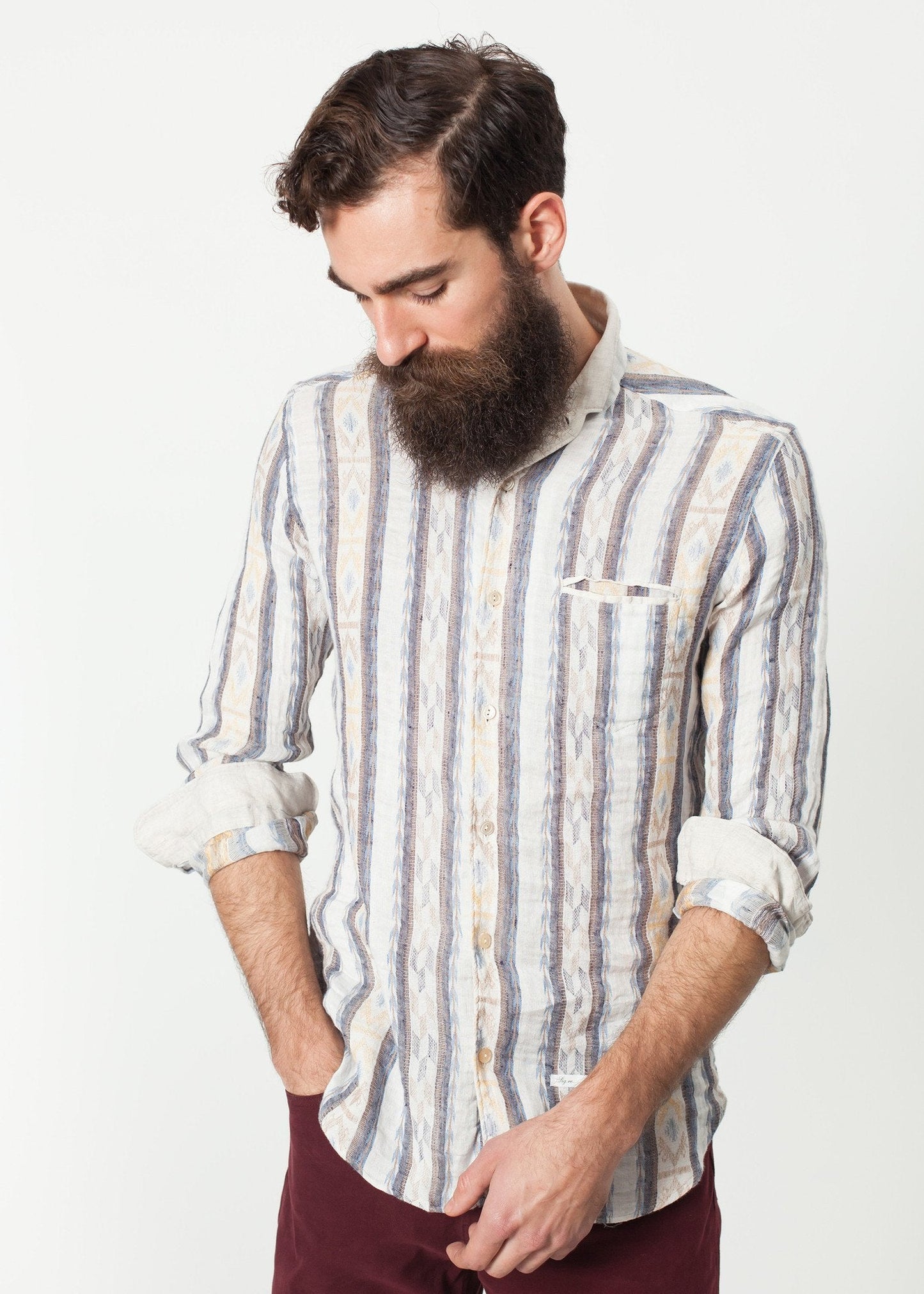 Linen Western Shirt in Beige/Blue (6707104743518)